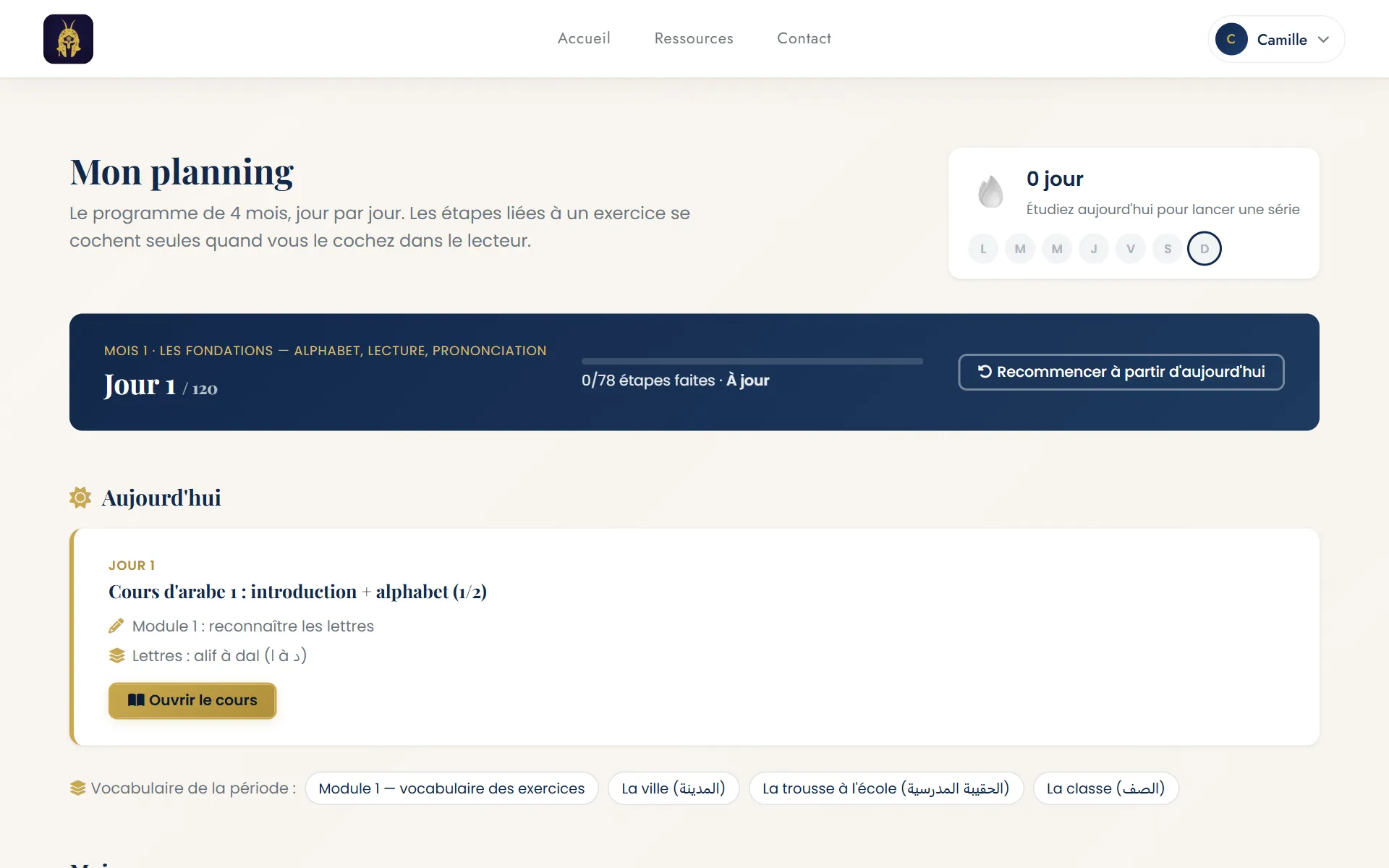 Le planning : le jour du programme et l'étape du jour
